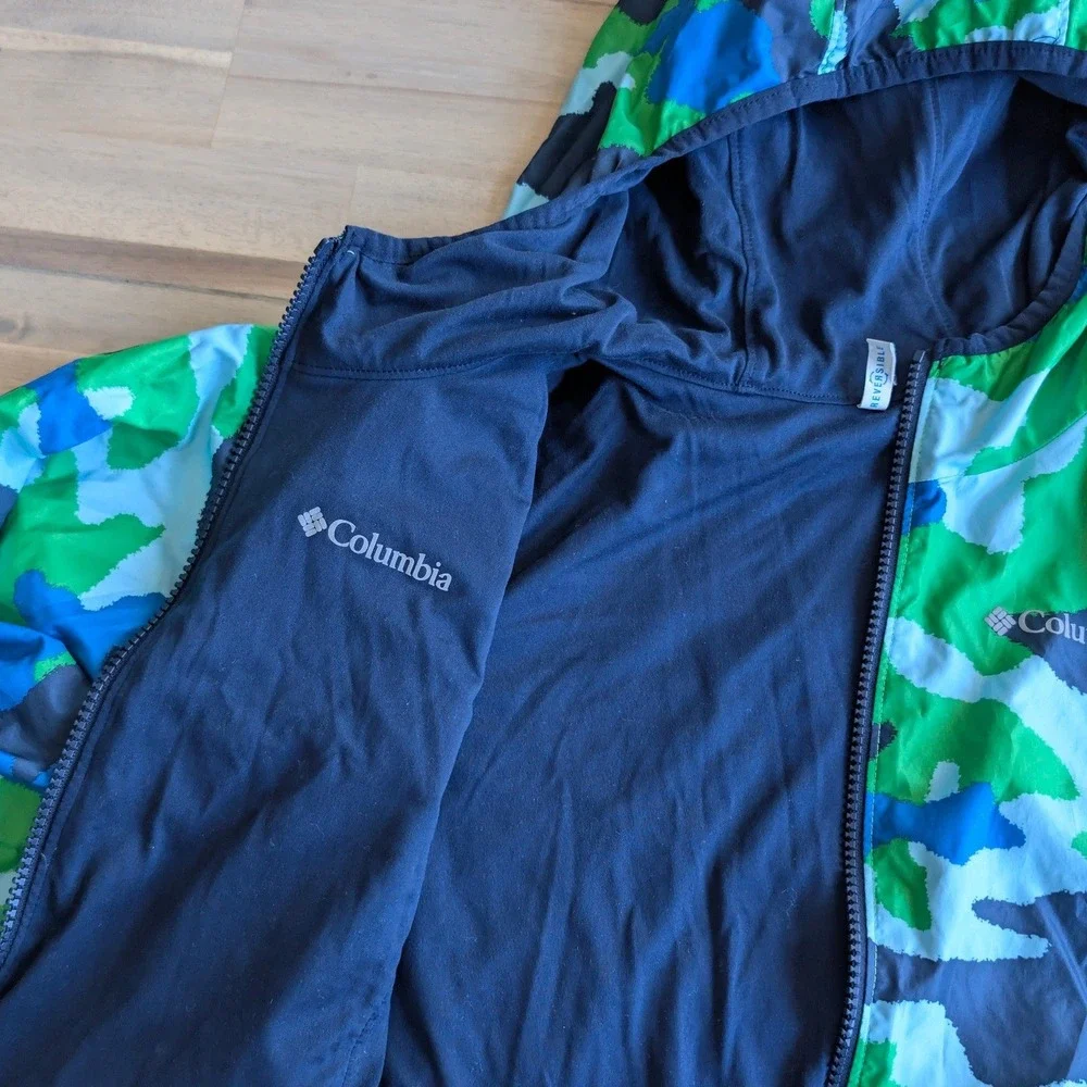 Columbia Reversible Hooded Windbreaker Jacket Boys Medium 10/12 Green Blue Camo
